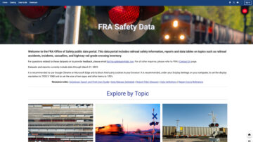 A screenshot shows the top of the landing page for the FRA’s new rail safety data website.