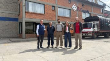 U.S. Grains & BioProducts Council Deputy Regional Director for Latin America (LTA) Alexander Grabois (middle) and USGBC LTA Marketing Specialist Angelica Rios (second from right) recently traveled to Colombia to meet with feed milling industry leaders to present data from the Council's 2025/2026 Corn Export Cargo Quality Report. Photo credit: USGBC.