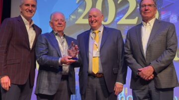 From left: NAMA Chair Tedd Kruse (ADM Milling and Baking Solutions), NAMA Honorary Member Awardee Rick Schwein (Grain Millers, retired), Andy Sharpe (Bühler Inc), and Tom Kice (Kice Industries).
