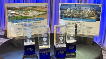 2025 Safety Excellence Award plaques and trophies on display at CHS headquarters in Inver Grove Heights, MN. Image courtesy of CHS.