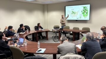 A group of Japanese journalists interested in the applications of biofuels, particularly sustainable aviation fuel (SAF), recently visited several states to tour farms and ethanol plants and speak to industry experts about the benefits of biofuels. Pictured, the team takes in a presentation from Illinois Corn Marketing Board Director of Exports and Logistics Collin Watters. Image courtesy of USGBC.