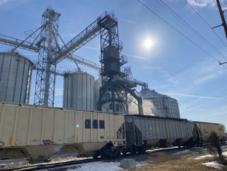 Honeyville Metal Inc. conveyors and C&A Scales bulk weigher system in operation loading rail cars.