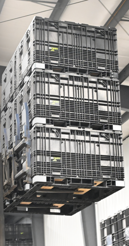 Reusable GEN250 seed boxes are designed for safe stacking, storage and transportation throughout the seed supply chain. Photo credit: Seedbox Solution.