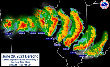 A derecho is an extreme weather phenomenon characterized by intense straight-line winds with a band of fast-moving thunderstorms. The derecho that destroyed the La Harpe facility occurred on June 29, 2023.