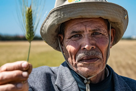 Moroccan Farmer holding a strand of an ICARDA durum wheat variety, Morocco, 2023. Photo: Michael Major/Crop Trust.