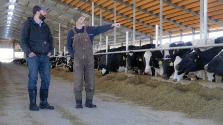 Ryan Aberle (left), Cargill dairy consultant, discusses herd health with Scott VonGuten, U.S. farm manager. Image courtesy of Cargill.
