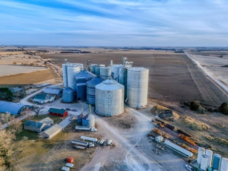 An aerial view shows the Manning Grain facility and surrounding farmland in southeast Nebraska.