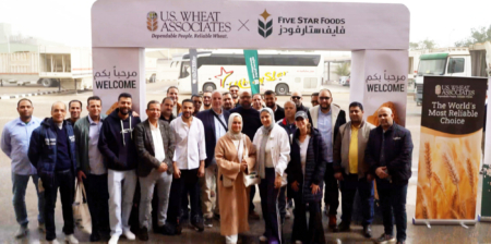 The Egyptian bakers participating in USW’s workshop pause for a group photo at the Five Star flour milling facility. Photo credit: USW.
