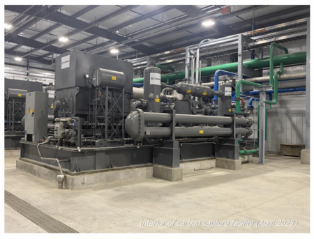 Interior of the carbon capture and compression facility at One Earth Energy in Gibson City, Ill., photographed in April 2025. The system is designed to capture carbon dioxide emissions from the co-located ethanol plant for underground sequestration.