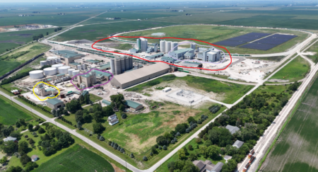 An aerial view identifies key facilities at Incobrasa Industries’ Gilman, Ill., complex. The red outline marks the new west plant. Yellow identifies the existing biodiesel plant and the adjacent construction site for a second. Dark purple marks the former preparation and extraction buildings, while light purple identifies the new preparation and extraction buildings. The biodiesel plants will have a combined production capacity of 160 million gallons annually. Photo credit: Incobrasa Industries.