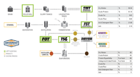 Figure 8. Flow chart illustrating the main steps in the ICM approach to separating and concentrating nutrient components, and typical nutrient profiles for Protomax and Solbran. Based on icminc.com/process-technologies/ and distillersgrains.org.