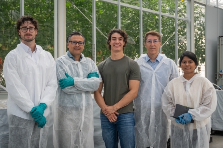 Pictured left to right, Niels Coumans, business analyst; Benyamin Houshyani, research operation partner; Paulino Valdés, founder and CEO; Amin Mirshamsi, senior plant scientist; Indhu Sundaram, junior scientist. Photo credit: Gravity Gardens.