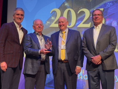 From left: NAMA Chair Tedd Kruse (ADM Milling and Baking Solutions), NAMA Honorary Member Awardee Rick Schwein (Grain Millers, retired), Andy Sharpe (Bühler Inc), and Tom Kice (Kice Industries).