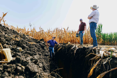 K-State agronomy researchers like Dorivar Ruiz Diaz, left, regularly travel to Flickner Innovation Farm to conduct field-scale agricultural research. Photo credit: K-State.