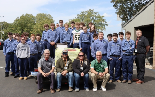 Sitting on the trailer: Tony McCord, Supervisor; Jason & Stacie Harrington, Owners of Burnin’ Wire Fab Shop, LLC in Montpelier; and Rick Bachman, Director of Education. Students surrounded the trailer full of donated materials. Far Right - Jacob Kraegel, Junior Welding Fabrication Instructor, and Middle Back Row - Chris Zacharias, Senior Welding Fabrication Instructor