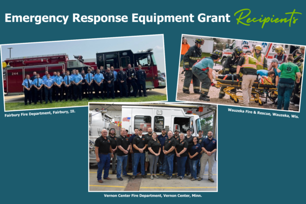 An Emergency Response Equipment Grant of up to $4,000 was awarded to 160 volunteer fire, rescue and ambulance departments, for a total of more than $600,000, across Illinois, Minnesota and Wisconsin. Recipients include those pictured from the Fairbury Fire Department (Illinois), Vernon Center Fire Department (Minnesota), and Wauzeka Fire & Rescue (Wisconsin) conducting a training exercise. Image courtesy of Compeer Financial.