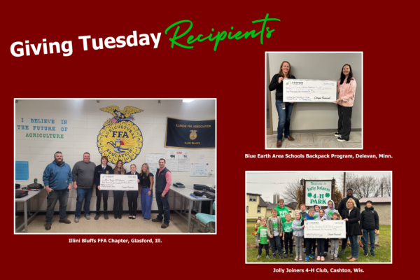 Compeer Financial received nearly 4,000 nominations for rural organizations for the Giving Tuesday contest. Winners chose the following organizations to receive $2,500 each: Illini Bluffs FFA Chapter, Glasford, Ill.; Blue Earth Area Schools Backpack Program, Delevan, Minn.; and Jolly Joiners 4-H Club, Cashton, Wis. Image courtesy of Compeer Financial.
