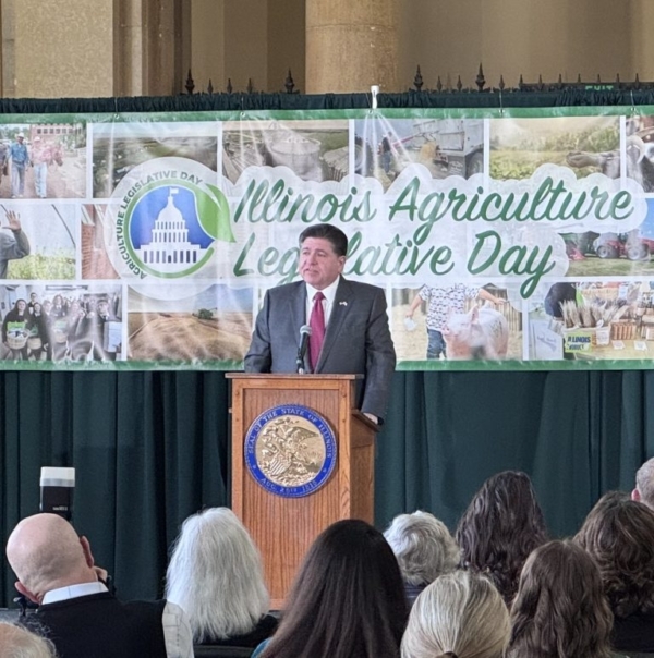 Governor JB Pritzker addresses women in agriculture at Agriculture Legislative Day, highlighting their vital contributions to Illinois’s agricultural economy. Photo credit: Illinois Crop Improvement Association.