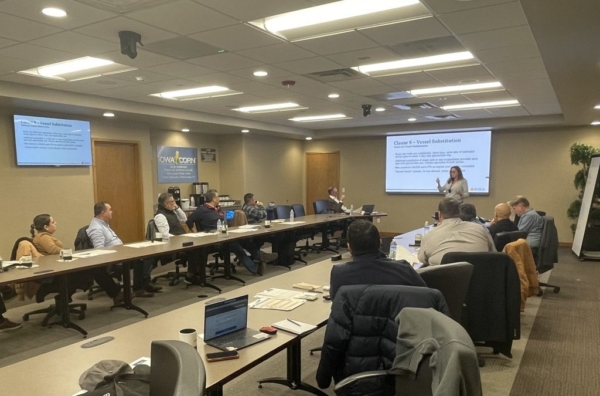 The U.S. Grains & BioProducts Council (USGBC) recently worked with a major agribusiness based in Mexico to provide training for its staff to facilitate U.S. corn purchases. Pictured, the team listens to a presentation from the North American Export Grain Association (NAEGA). Image courtesy of USGBC.