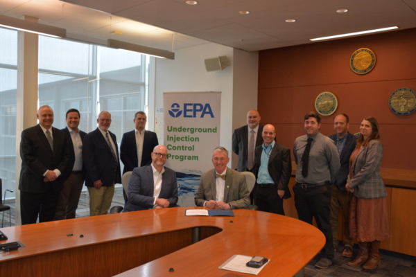 EPA Region 7 Administrator Jim Macy and members of the EPA Region 7 Water Division Underground Injection Control Program team gathered for the issuance of the first Class VI well permit in Kansas to the PureField Ingredients leadership team. Photo credit: U.S. EPA.