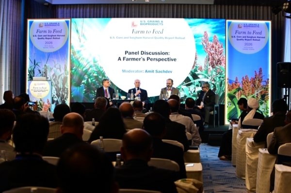 The U.S. Grains & BioProducts Council (USGBC) recently held a corn and sorghum quality rollout event for buyers and end-users in South Asia. Pictured from left to right at a panel featuring U.S. producers are Kansas Corn Commission District Two Commissioner Dennis McNinch, Iowa Corn Growers Association President Mark Mueller, Texas Grain Sorghum Producers Executive Director Wayne Cleveland and USGBC South Asia Consultant Amit Sachdev. Image courtesy of USGBC.