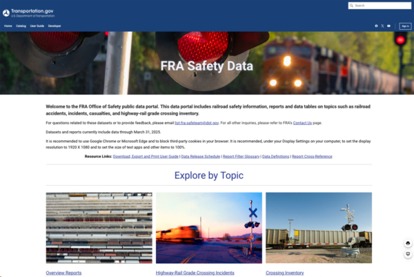A screenshot shows the top of the landing page for the FRA’s new rail safety data website.
