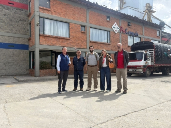U.S. Grains & BioProducts Council Deputy Regional Director for Latin America (LTA) Alexander Grabois (middle) and USGBC LTA Marketing Specialist Angelica Rios (second from right) recently traveled to Colombia to meet with feed milling industry leaders to present data from the Council's 2025/2026 Corn Export Cargo Quality Report. Photo credit: USGBC.