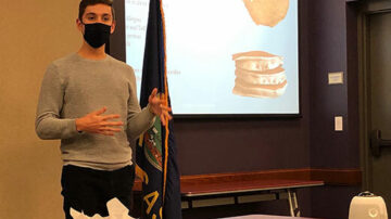 K-State senior Jaden Castinado explains a gluten-free pancake mix that he helped develop during a Fall, 2020 class. (Photo courtesy of Kansas Department of Agriculture)