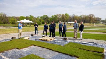 John Sorochan, UT Institute of Agriculture distinguished professor of turfgrass science and management (left) talks to FIFA representatives on campus for a FIFA Pitch Research Field Day event on April 10, 2024. (Photo by Steven Bridges/University of Tennessee)