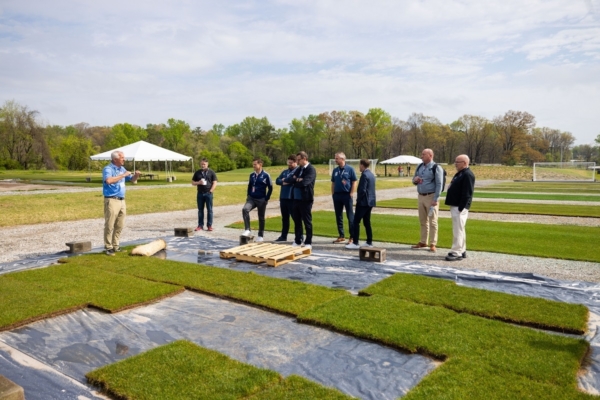 John Sorochan, UT Institute of Agriculture distinguished professor of turfgrass science and management (left) talks to FIFA representatives on campus for a FIFA Pitch Research Field Day event on April 10, 2024. (Photo by Steven Bridges/University of Tennessee)