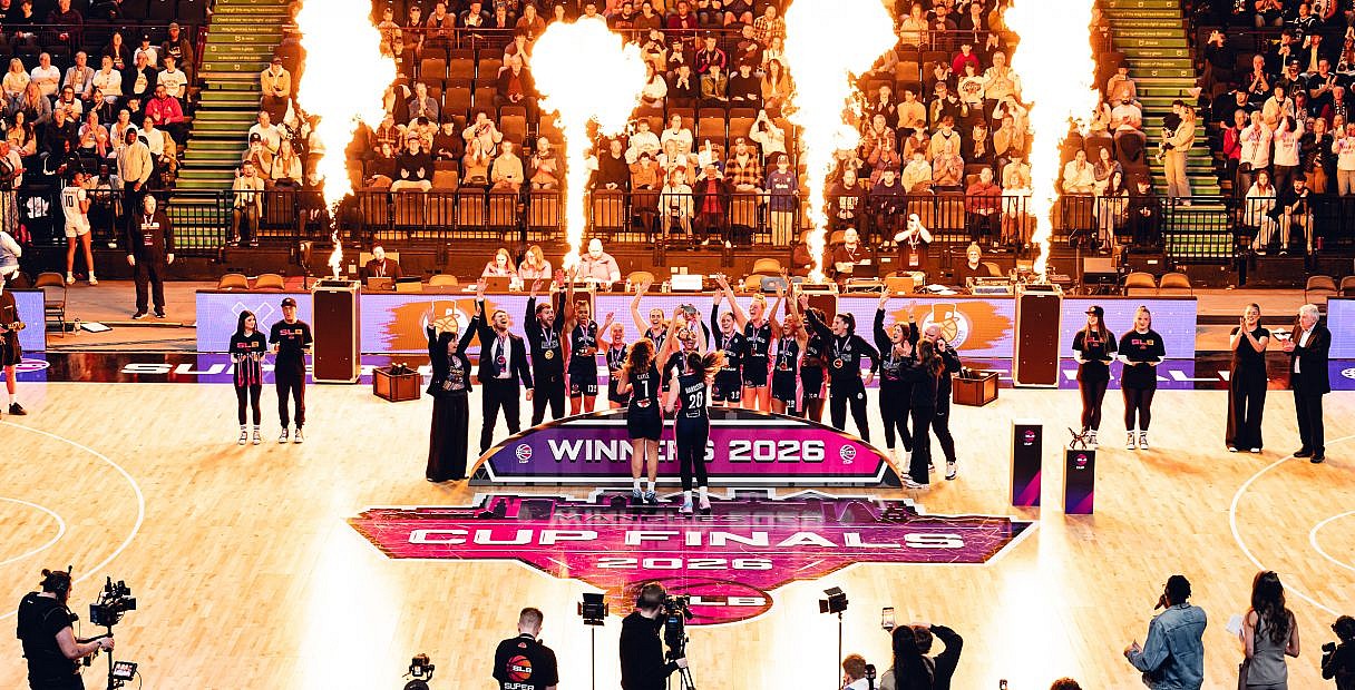 B. Braun Sheffiled Hatter lift the trophy after beating Manchester Basketball in the Super League Basketball Cup Final at the AO Arena.