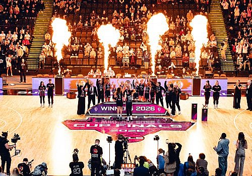 B. Braun Sheffiled Hatter lift the trophy after beating Manchester Basketball in the Super League Basketball Cup Final at the AO Arena.
