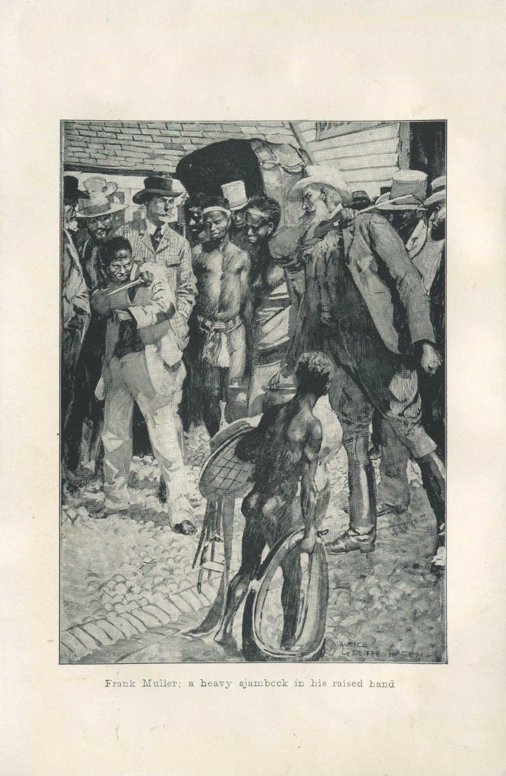 Frank Muller; A heavy sjambock in his raised hand