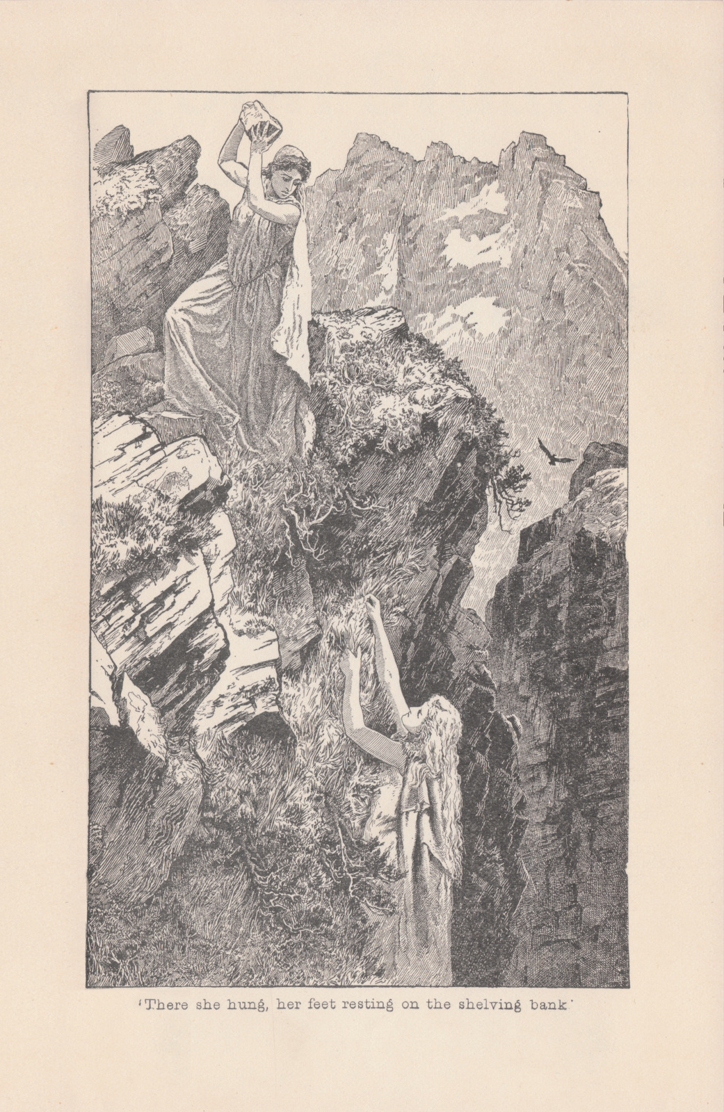 There she hung her feet resting on the shelving bank