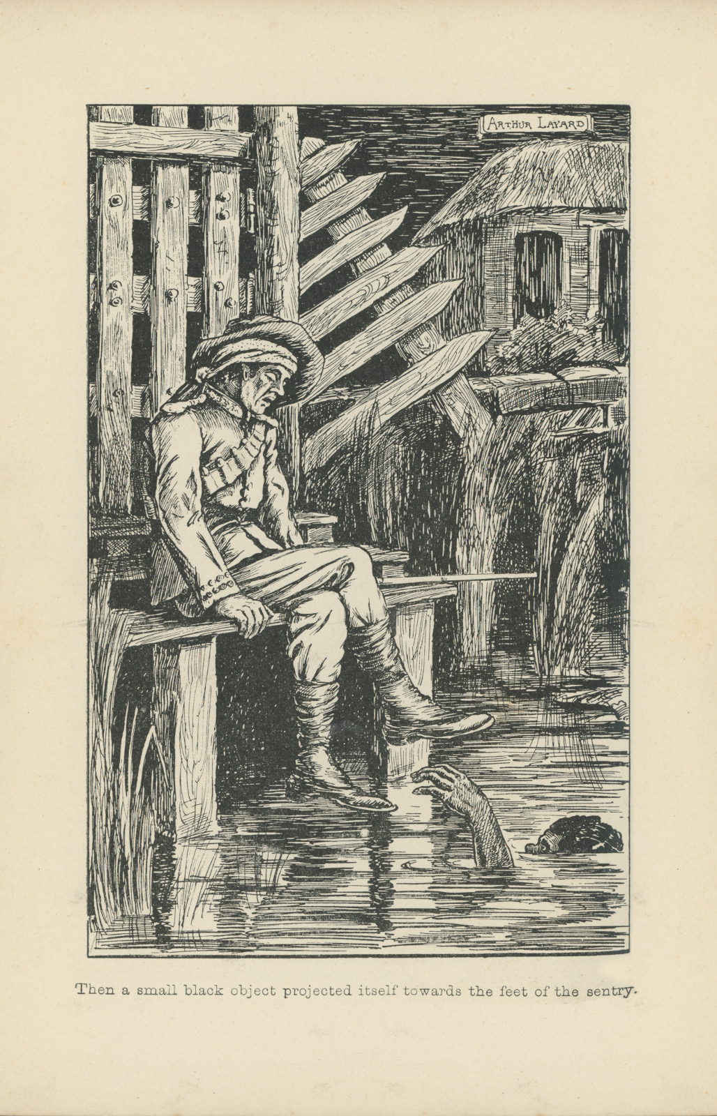 Then a small black object projected itself towards the feet of the sentry