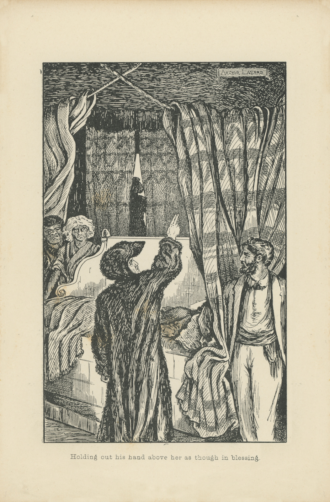 Holding out his hand above her as though in blessing