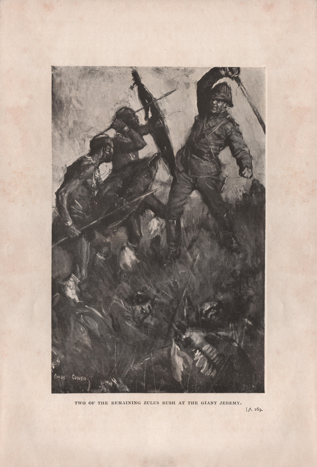 Two of the remaining Zulus rush at the giant Jeremy