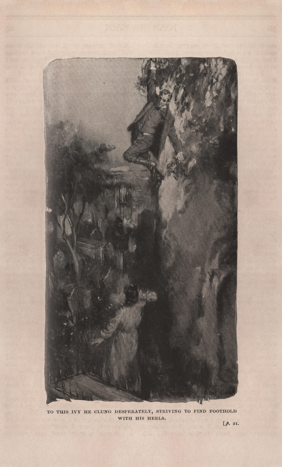 To the ivy he clung desperately, striving to find foothold with his heels