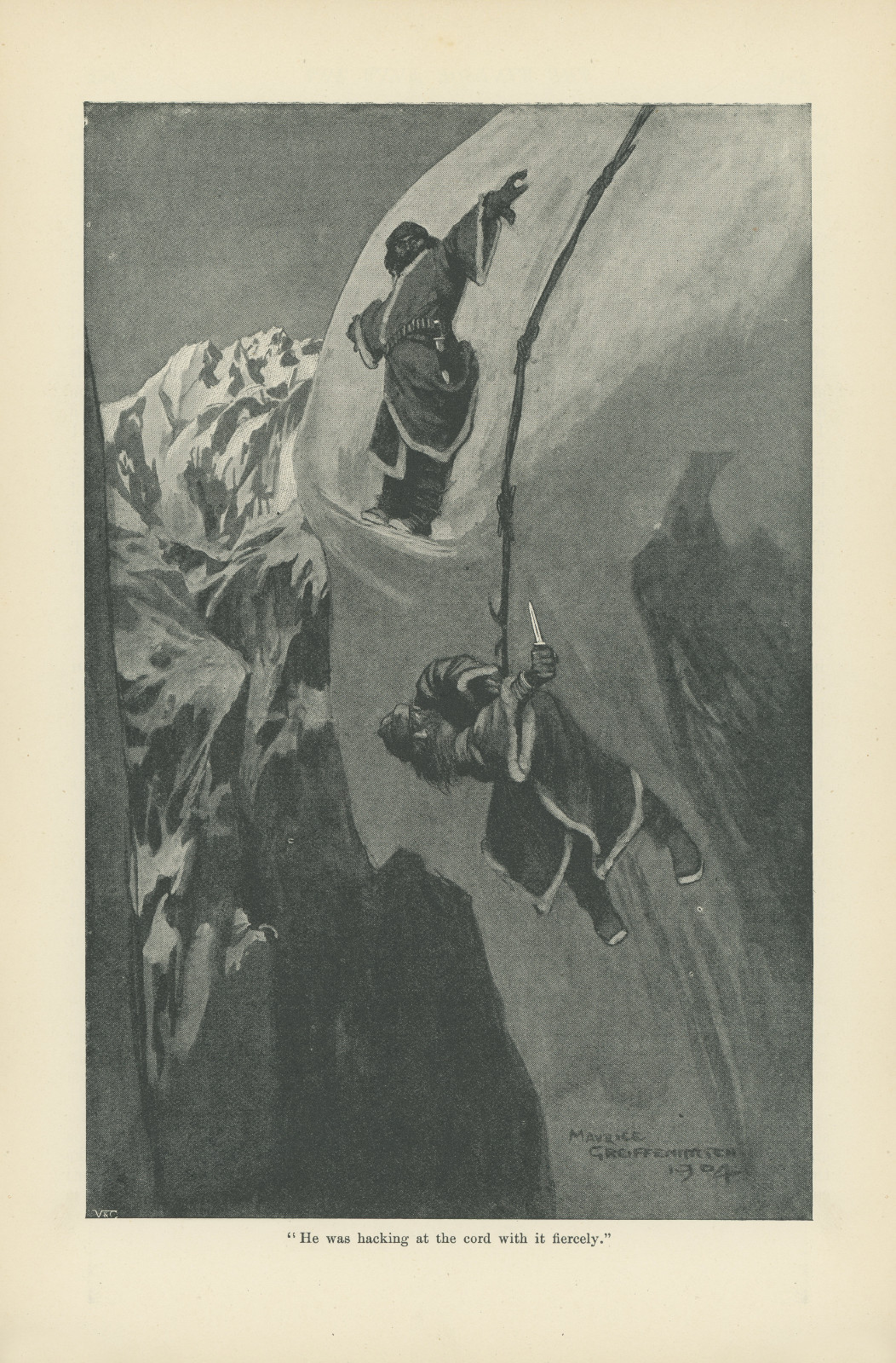 He was hacking at the cord with it fiercely