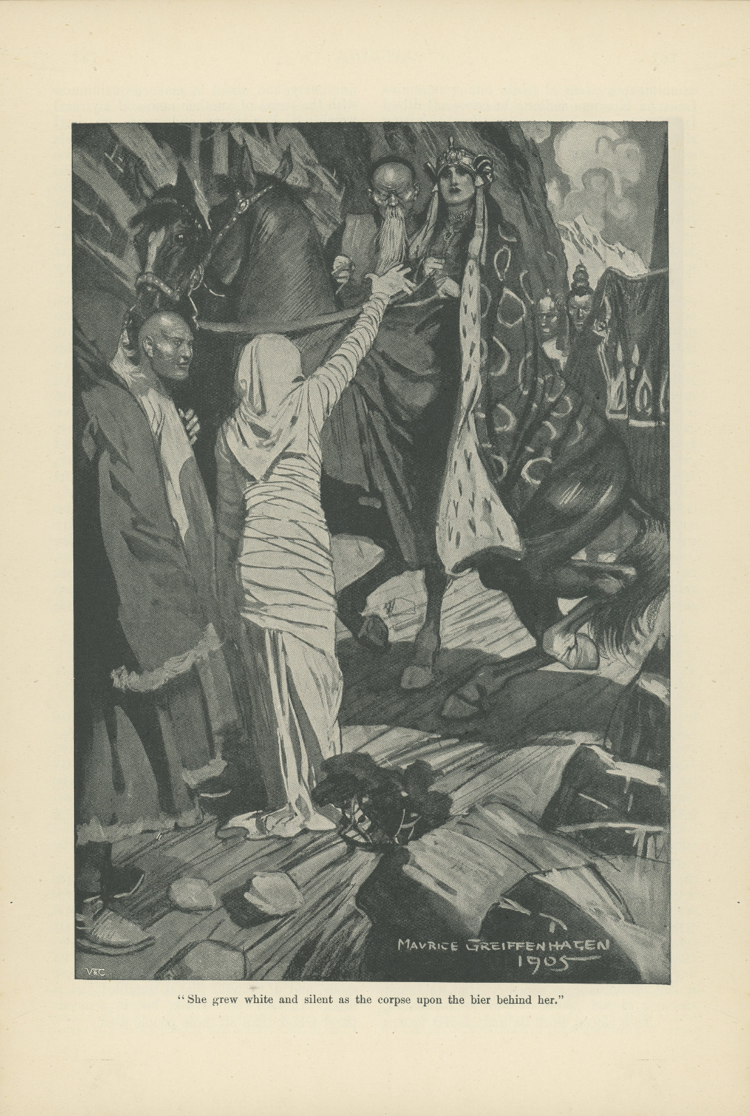 She grew white and silent as the corpse upon the bier behind her