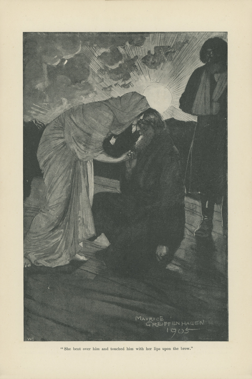 She bent over him and touched him with her lips upon the brow