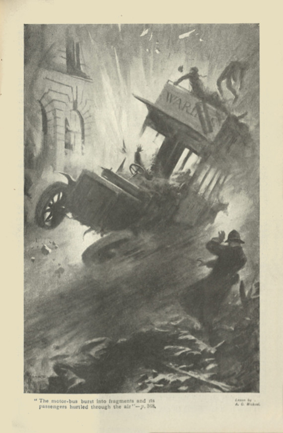 The motor-bus burst into fragments and its passengers hurtled through the air