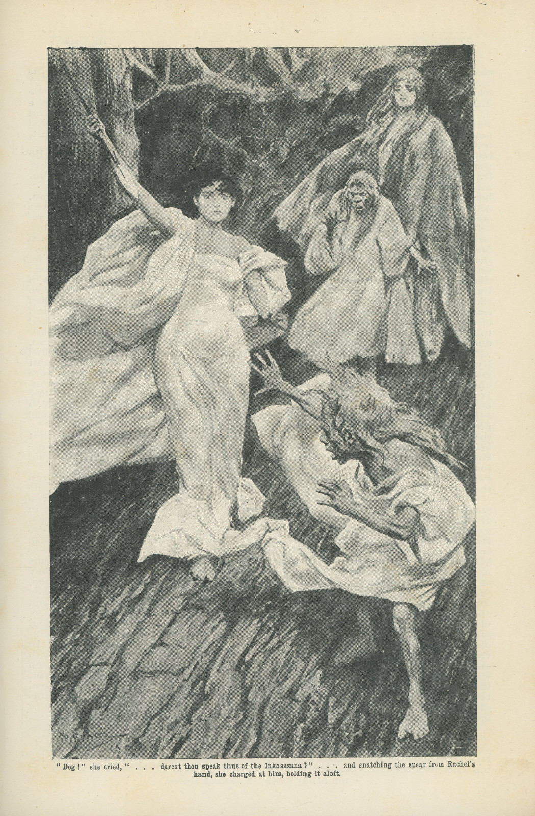'Dog!' she cried, “...darest thou speak thus of the Inkosazana?' ... and snatching the spear from Rachel’s hand, she charged at him, holding it aloft Dogshepearsonsmagazine453