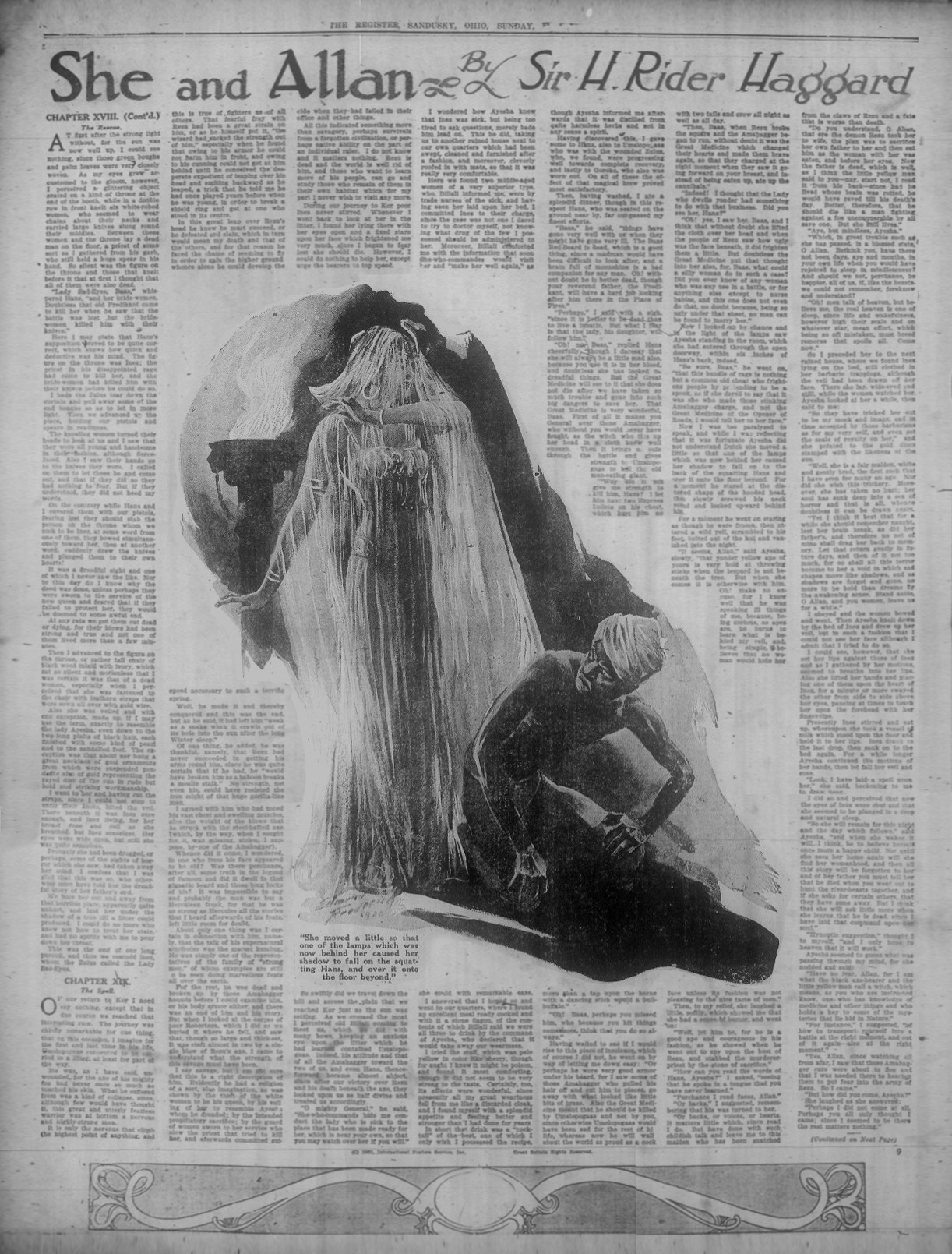 She moved a little so that one of the lamps which was now behind her caused her shadow to fall on the squatting Hans, and over it onto the floor beyond Shemovedsandusky7mar1920