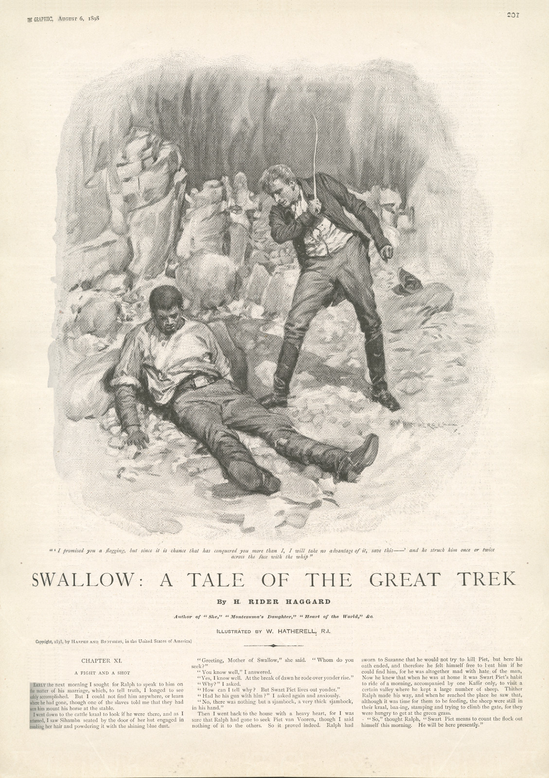 'I promised you a flogging, but since it is chance that has conquered you more than I, I will take no advantage of it, save this—” and he struck him once or twice across the face with the whip' Ipromisedswallowthegraphic201