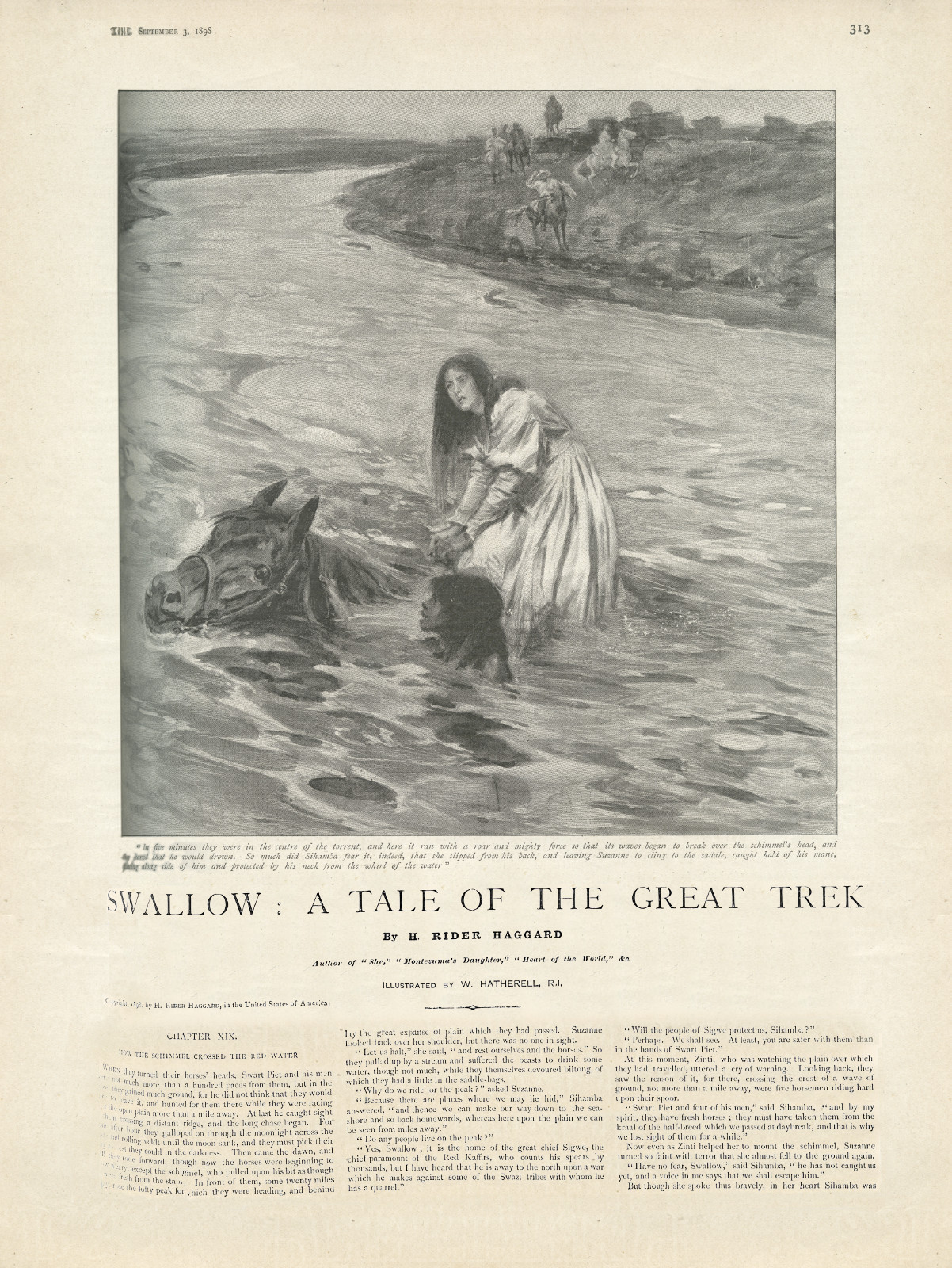 In five minutes they were in the centre of the torrent, and here it ran with a roar and mighty force so that its waves began to break over the schimmel’s head, and they feared that he would drown Infiveswallowthegraphic313