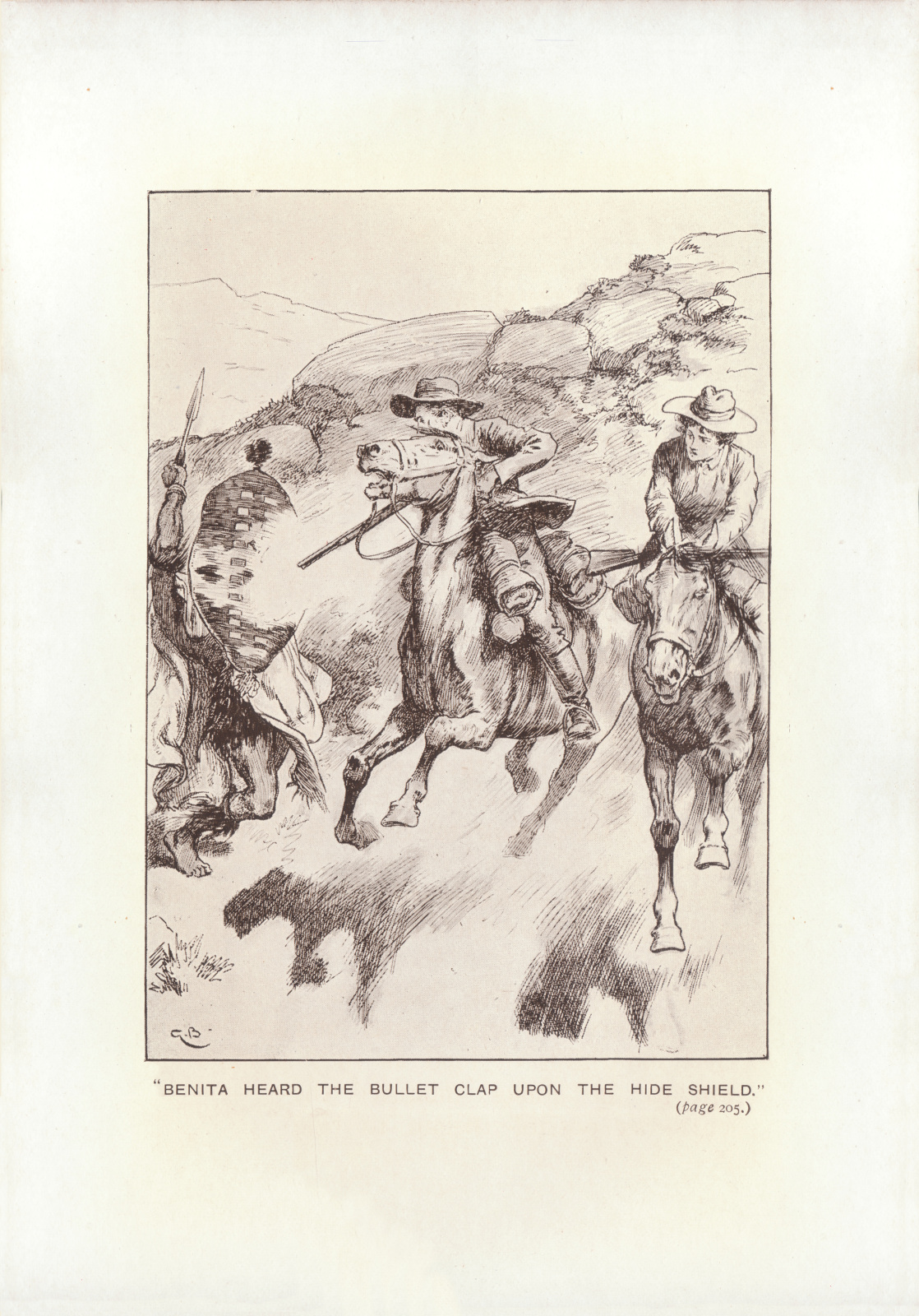 Benita heard the bullet clap upon the hide shield