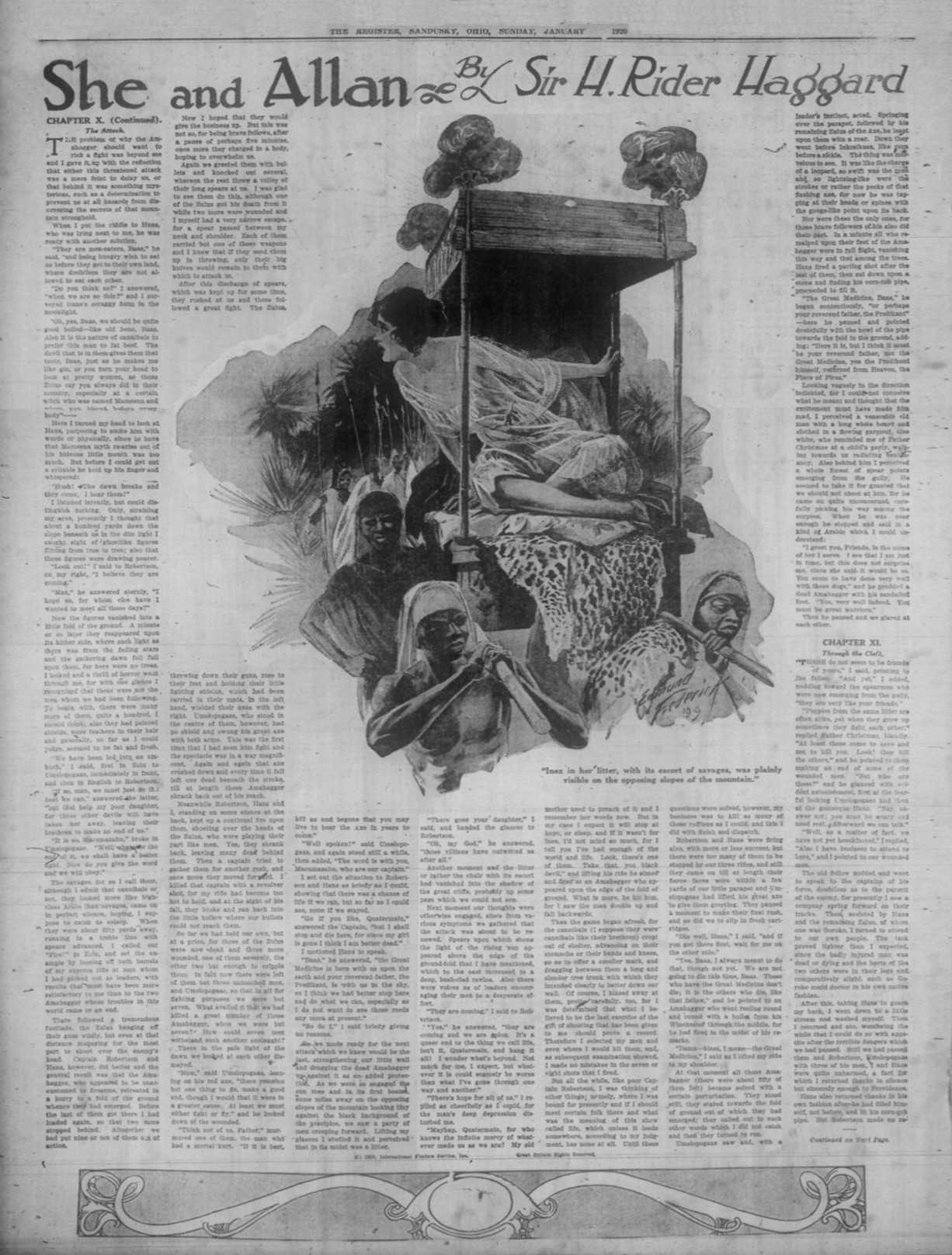 Inez in her litter, with its escort of savages, was plainly visible on the opposing slopes of the mountain Inezinsandusky25jan1920