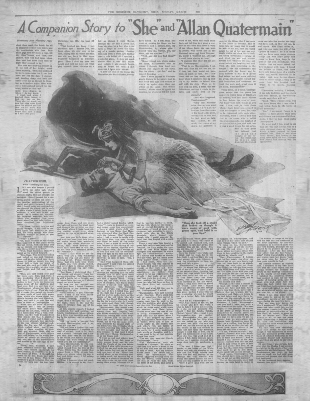 Then she took off a snake that looked as though it were made of gold with green eyes, and held it to your lips Thenshesandusky21mar1920