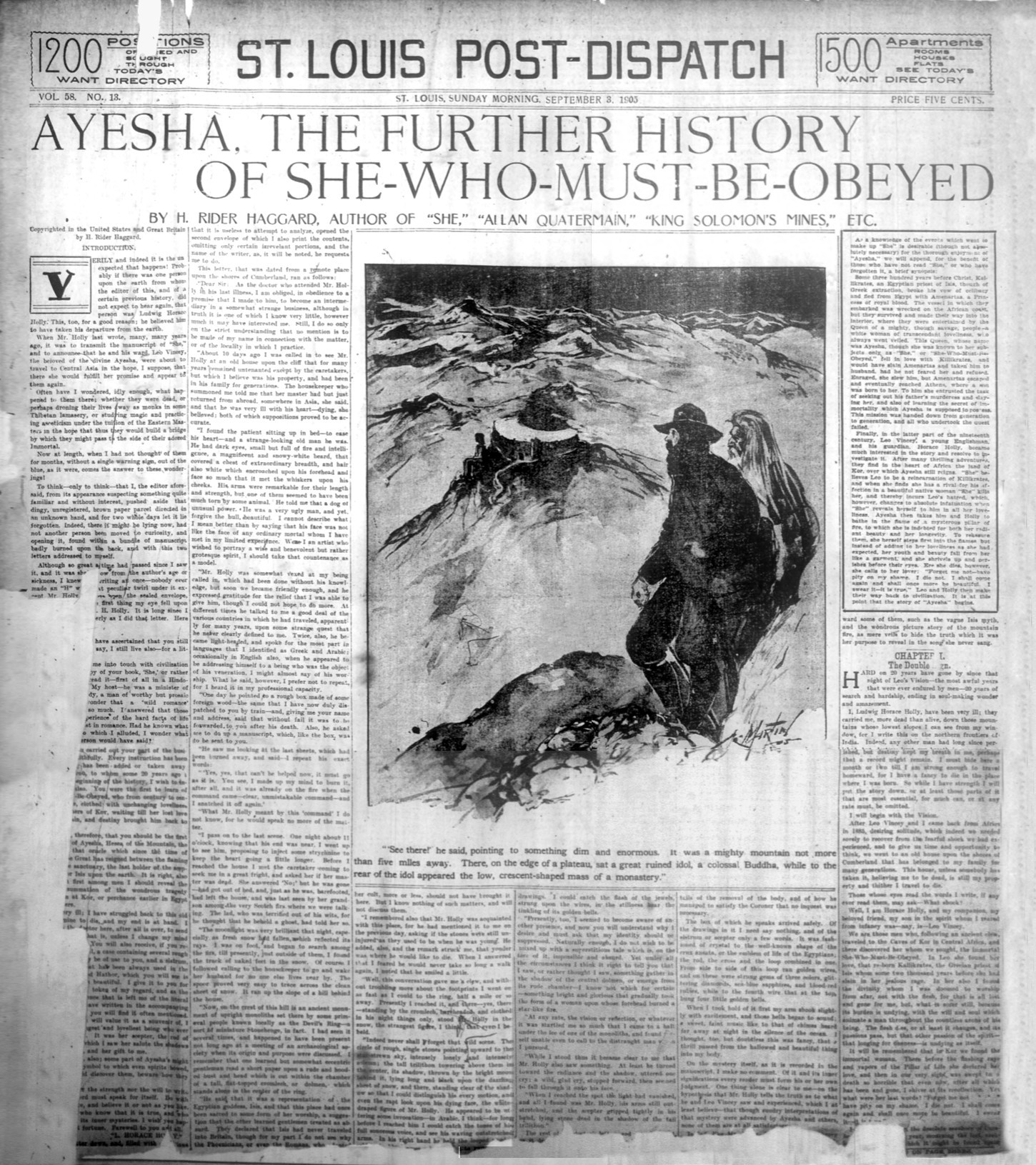 'See there!' he said, pointing to something dim and enormous. It was a mighty mountain not more than five miles away. There, on the edge of a plateau, sat a great ruined idol, a colossal Buddha Seetherestlouisdispatch3sep1905